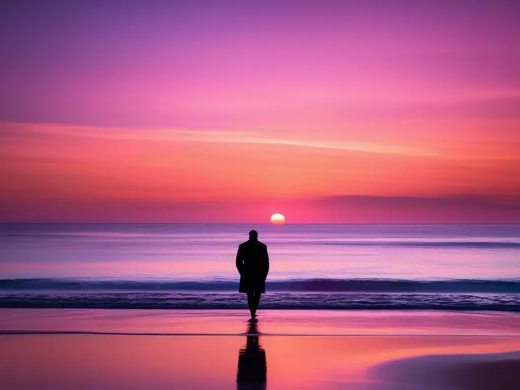 Playa serena al amanecer con figura solitaria - Alimentos para Mejorar el Animo