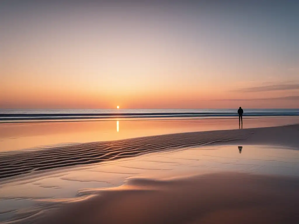 Técnicas neurocientíficas para combatir ansiedad: playa serena al amanecer con meditación