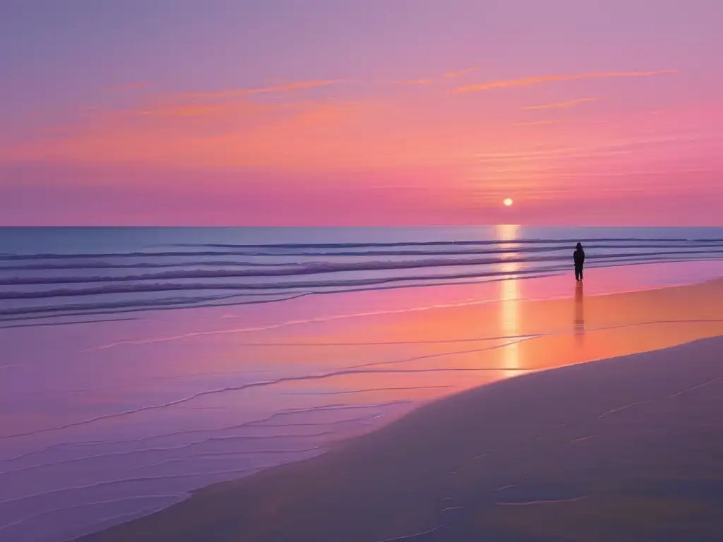 Terapia online para crisis emocionales: imagen serena de playa al atardecer, cielo pastel, mar tranquilo, figura solitaria al horizonte