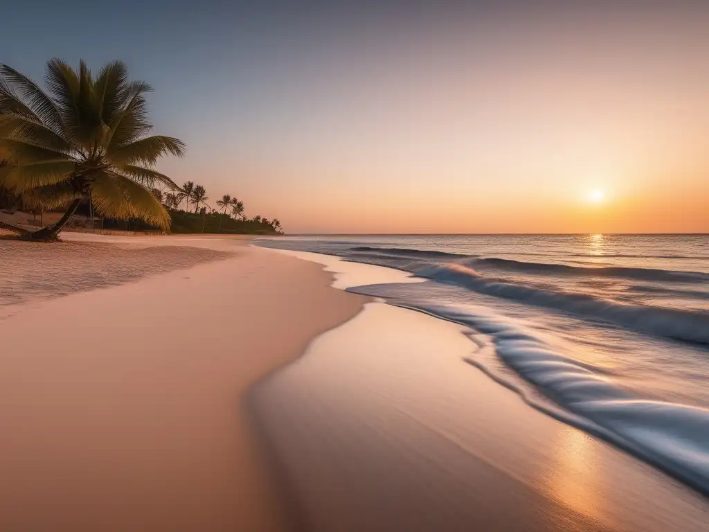 Playa serena al atardecer con mar cristalino, arena suave y palmeras