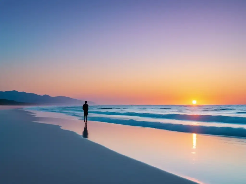 Beneficios de Omega 3 en el equilibrio emocional: playa serena al atardecer, figura solitaria en el agua