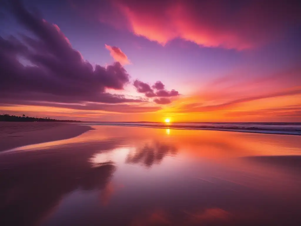 Playa serena al atardecer: Pareja camina en la orilla, reflejo del sol, manejo expectativas satisfacción relaciones