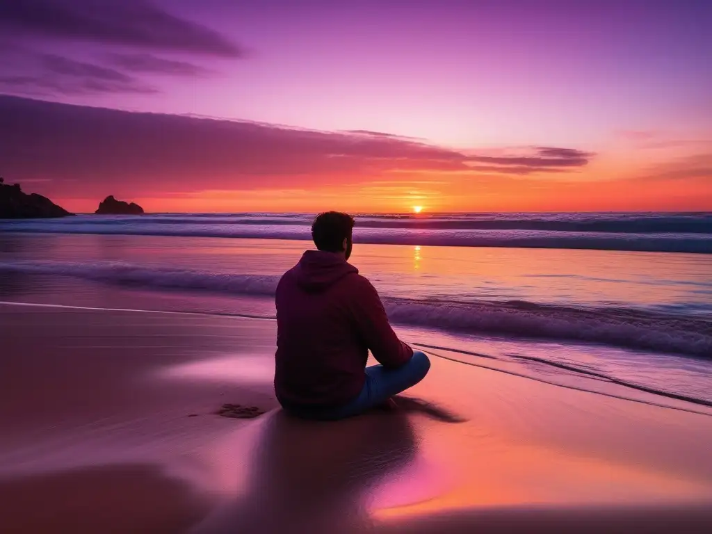 Imagen 8k playa al atardecer con figura sentada en la arena, transmitiendo gratitud, paz y felicidad