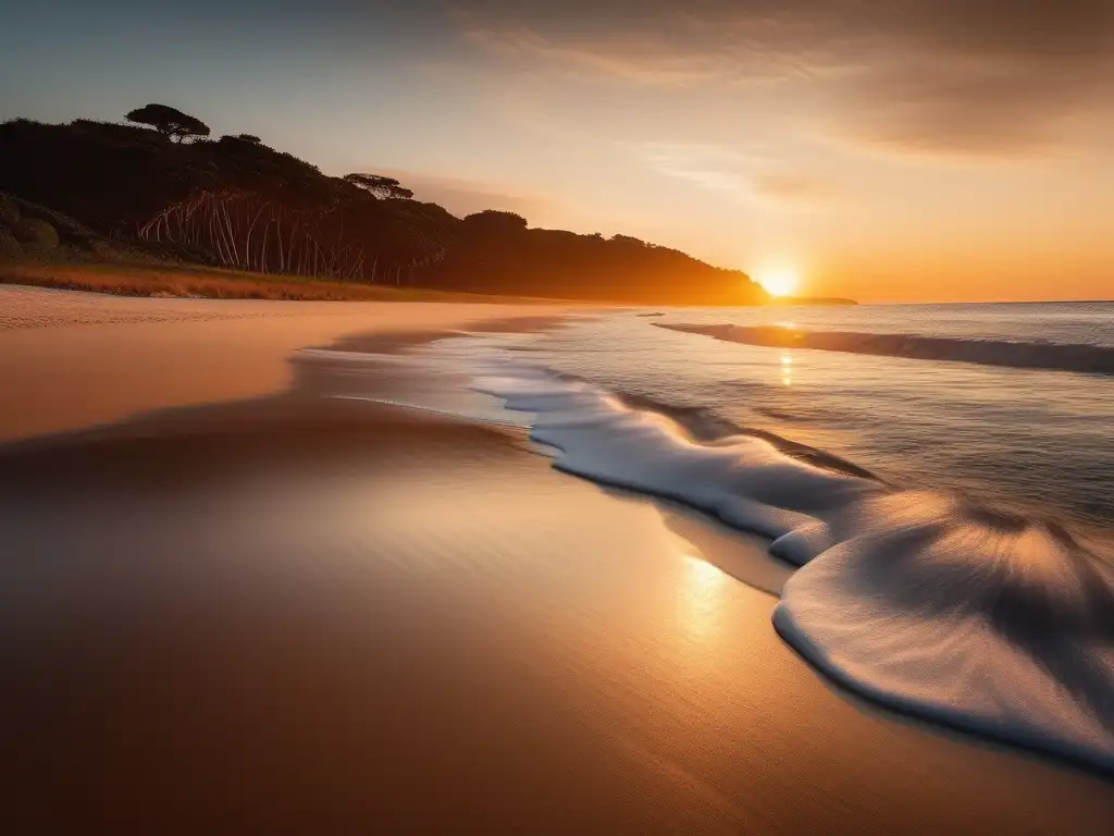 Playa serena al atardecer, sin presencia humana, transmite tranquilidad y paz