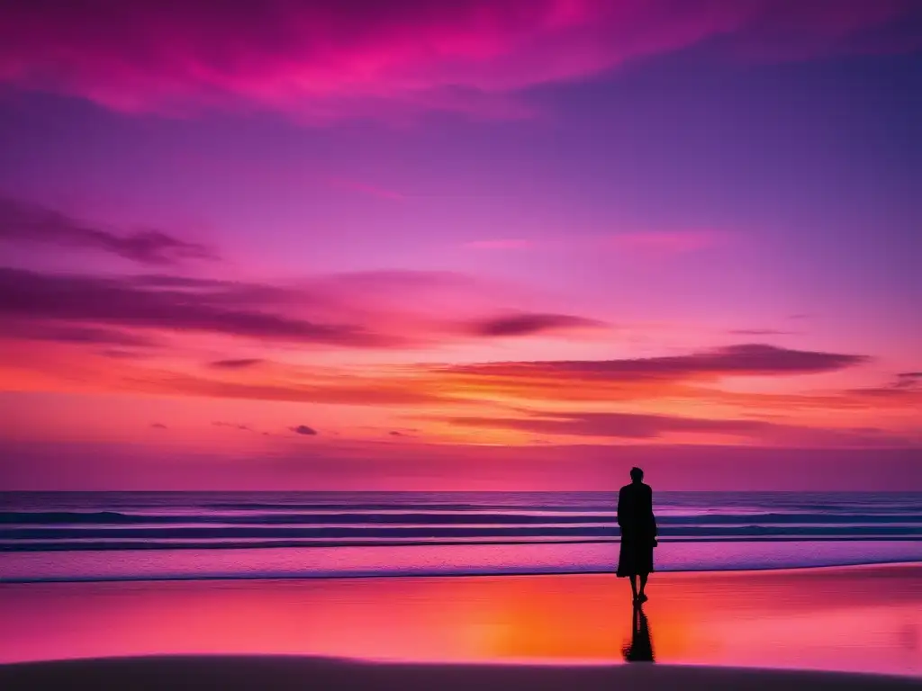 Imagen 8k de playa al atardecer, figura en silueta, técnicas PNL superar adicción