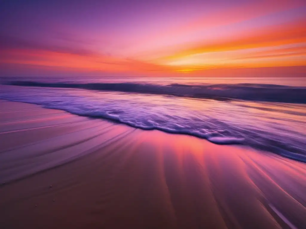 Playa serena al atardecer, cielo vibrante, mar tranquilo