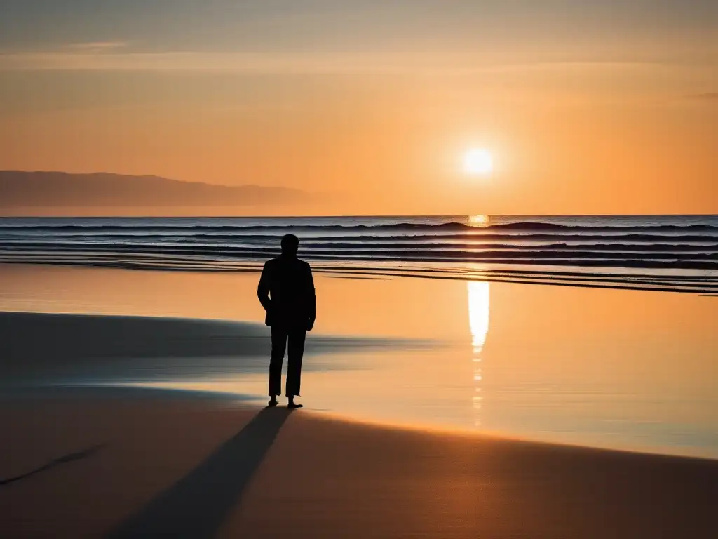 Imagen de playa al atardecer, figura solitaria frente al mar