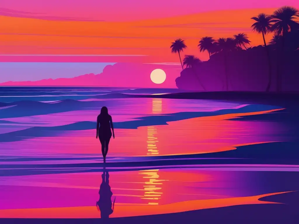 Imagen de playa al atardecer con figura simbolizando autoestima