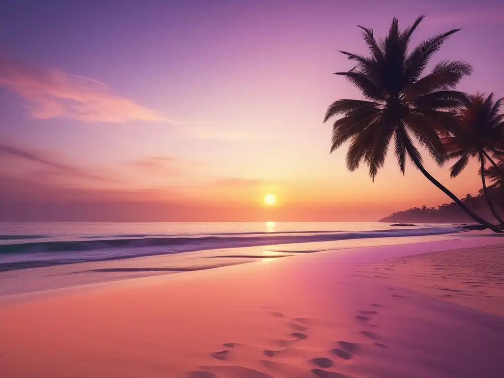 Paisaje de playa al atardecer con palmeras y velero