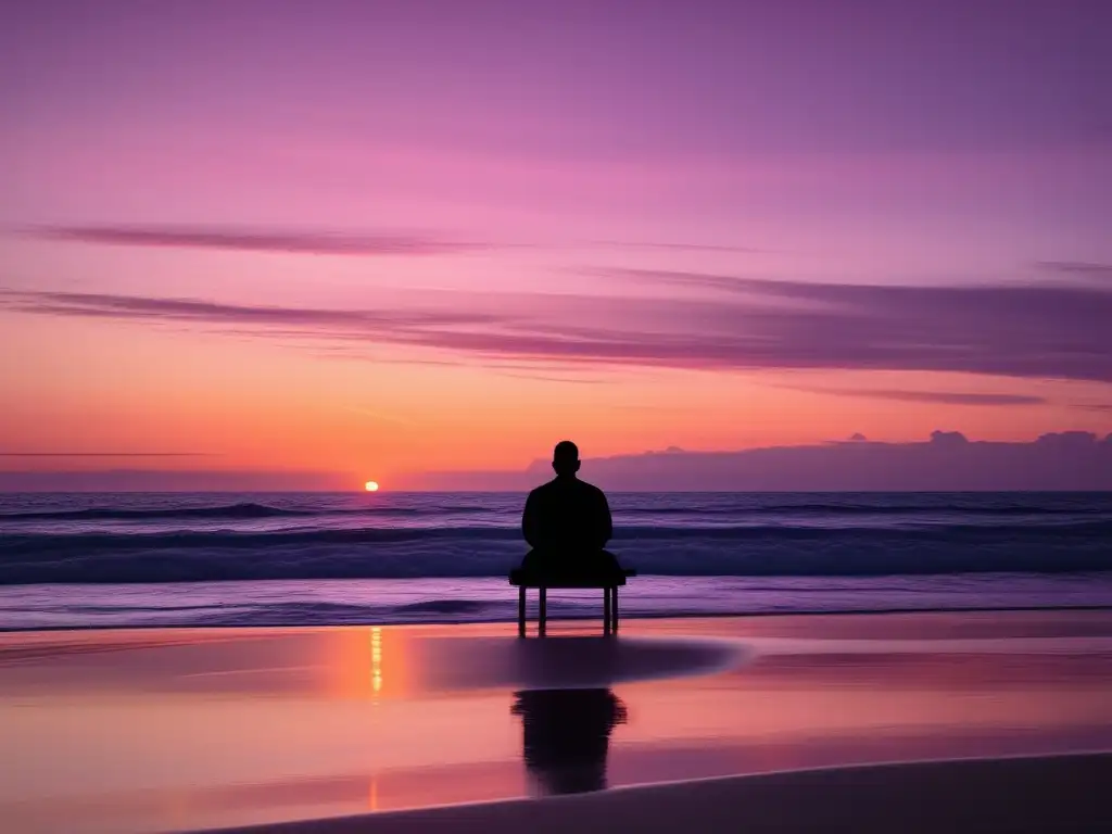 Técnicas de neuropsicología para el equilibrio emocional: Playa al atardecer, figura practicando meditación, transmitiendo paz y tranquilidad