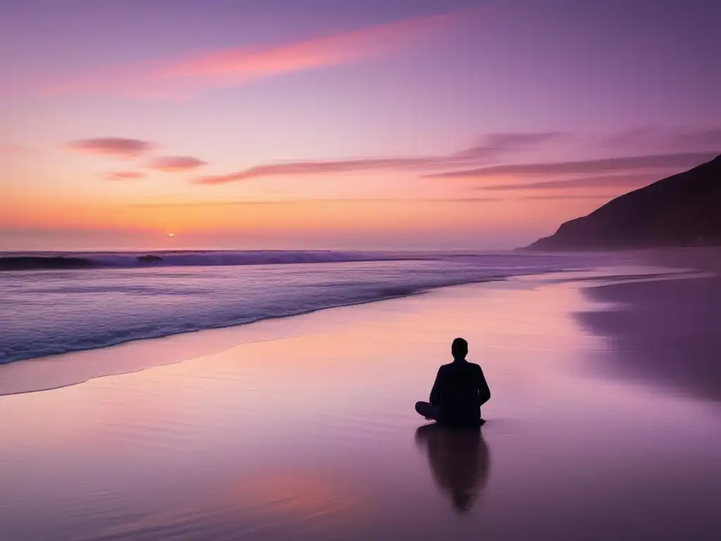 Beneficios de atención plena en tratamiento TOC: playa serena al atardecer, figura meditando, reducción de ansiedad y estrés