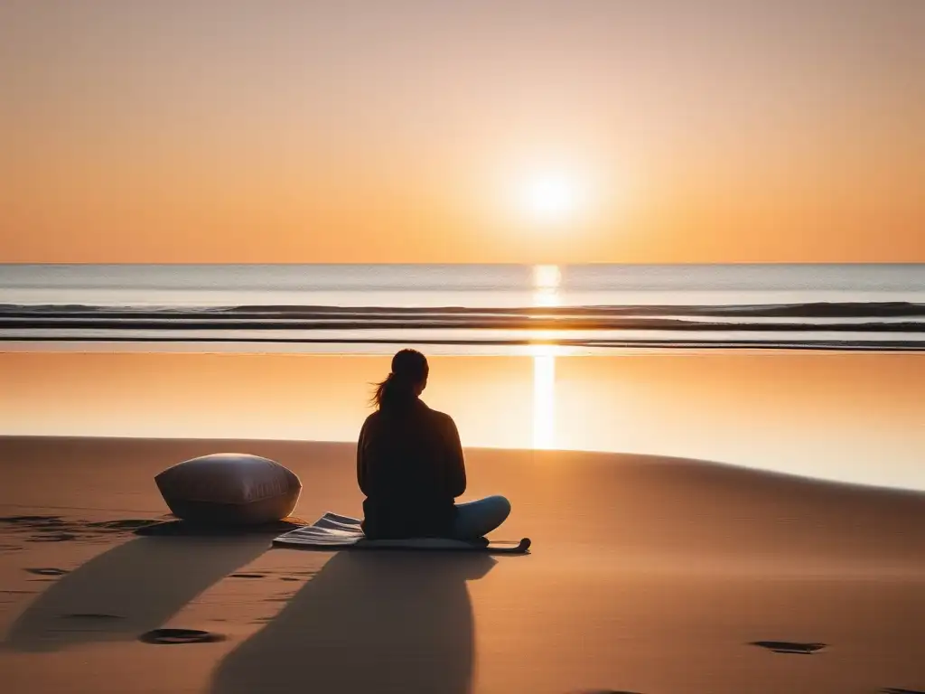 Prácticas de mindfulness para serenidad en la playa al atardecer