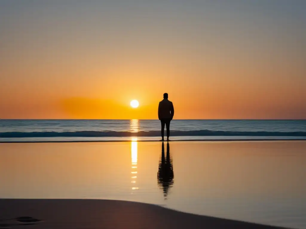 Serenidad en playa al atardecer, figura solitaria supera miedos con técnicas PNL