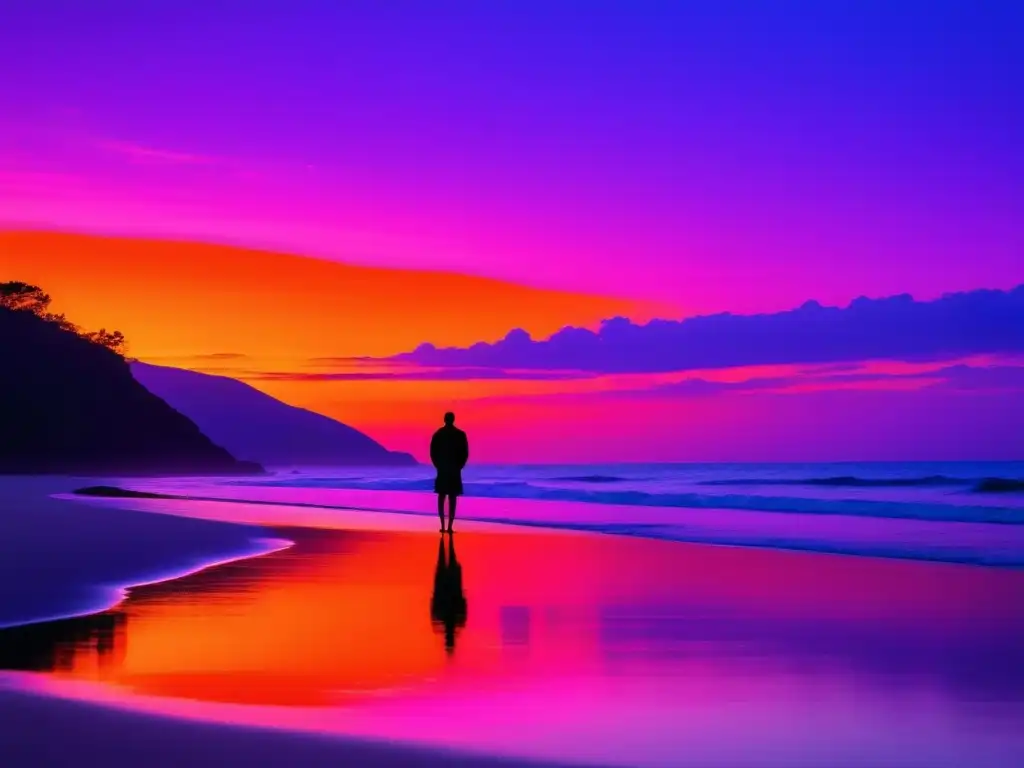 Técnicas PNL para renovar tu mente - Playa serena al atardecer, cielo naranja, rosa y morado, agua tranquila