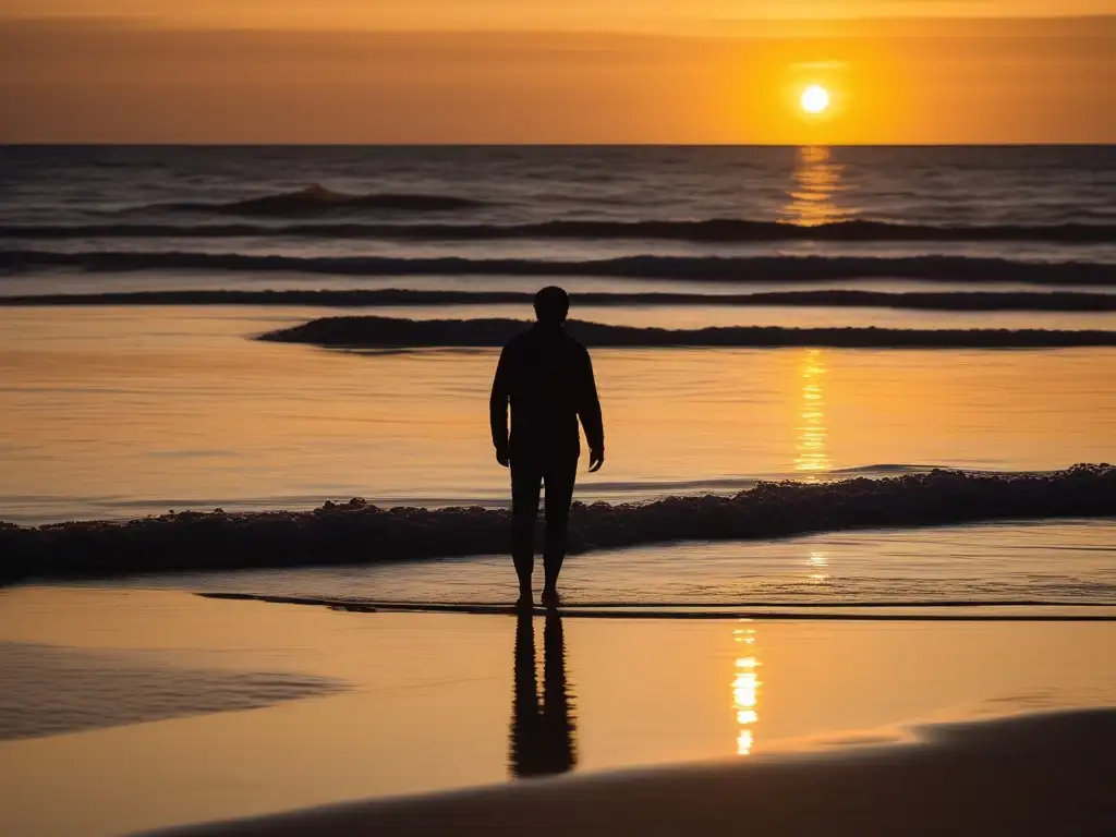 Playa tranquila al atardecer, figura en silueta agradeciendo - Hábitos saludables para equilibrio emocional