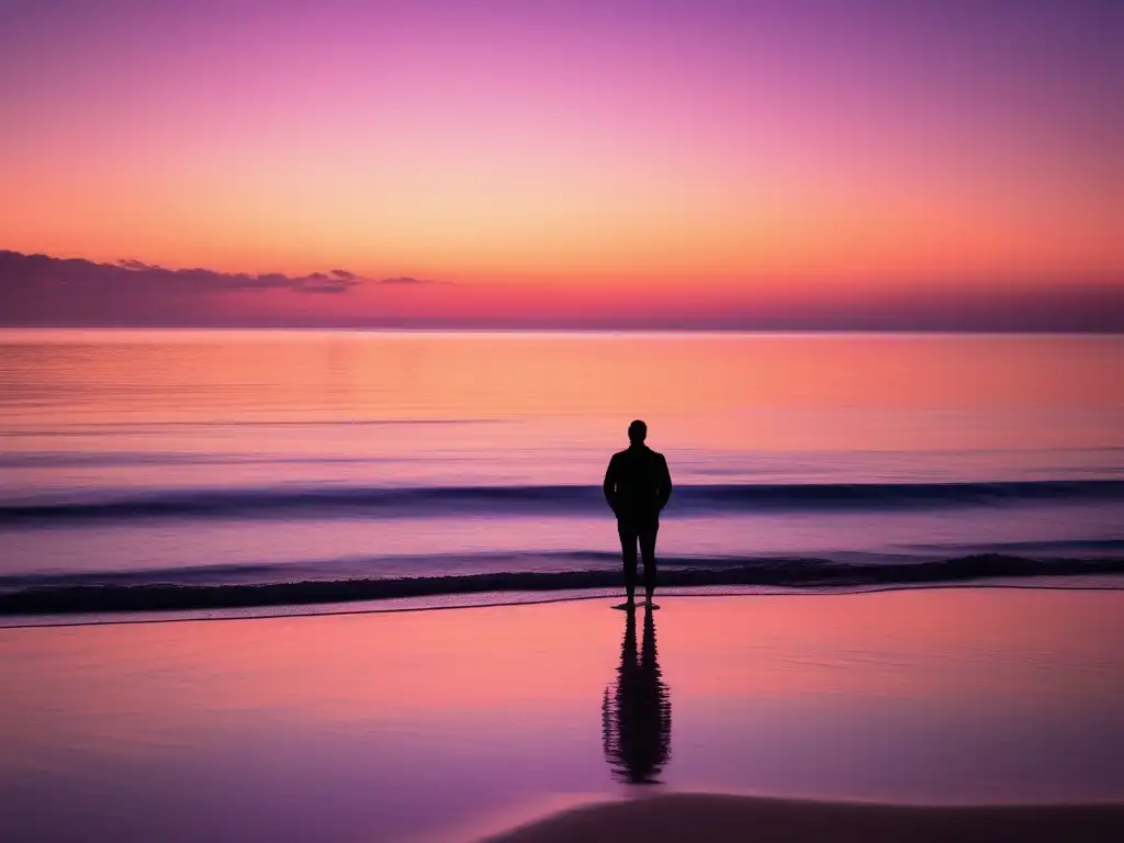 Terapia humanista para mejorar bienestar: playa tranquila al atardecer, figura solitaria reflexiva