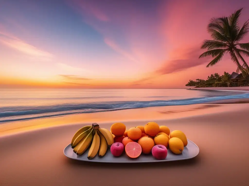 Alimentos que mejoran el estado de ánimo: playa tranquila al atardecer con frutas y verduras coloridas