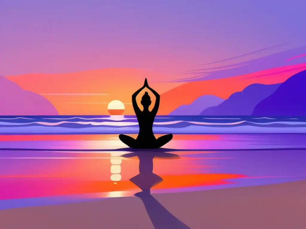 Imagen de playa al atardecer con figura practicando yoga - Señales de alerta estrésansiedad