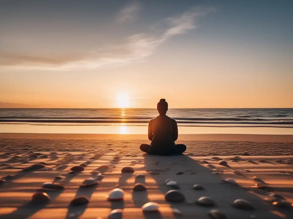 Imagen de playa al atardecer, figura en meditación, estrategias eficaces para manejar el estrés