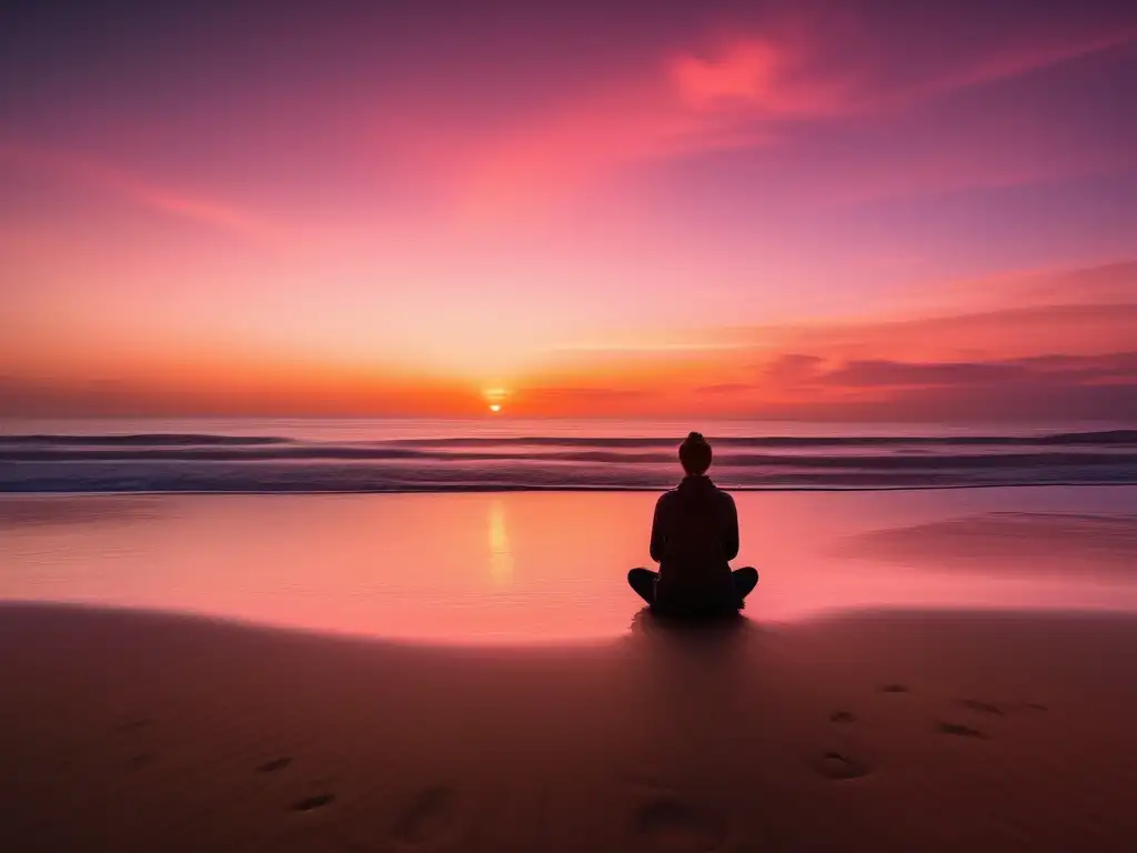 Imagen de playa al atardecer con persona practicando mindfulness para equilibrio emocional