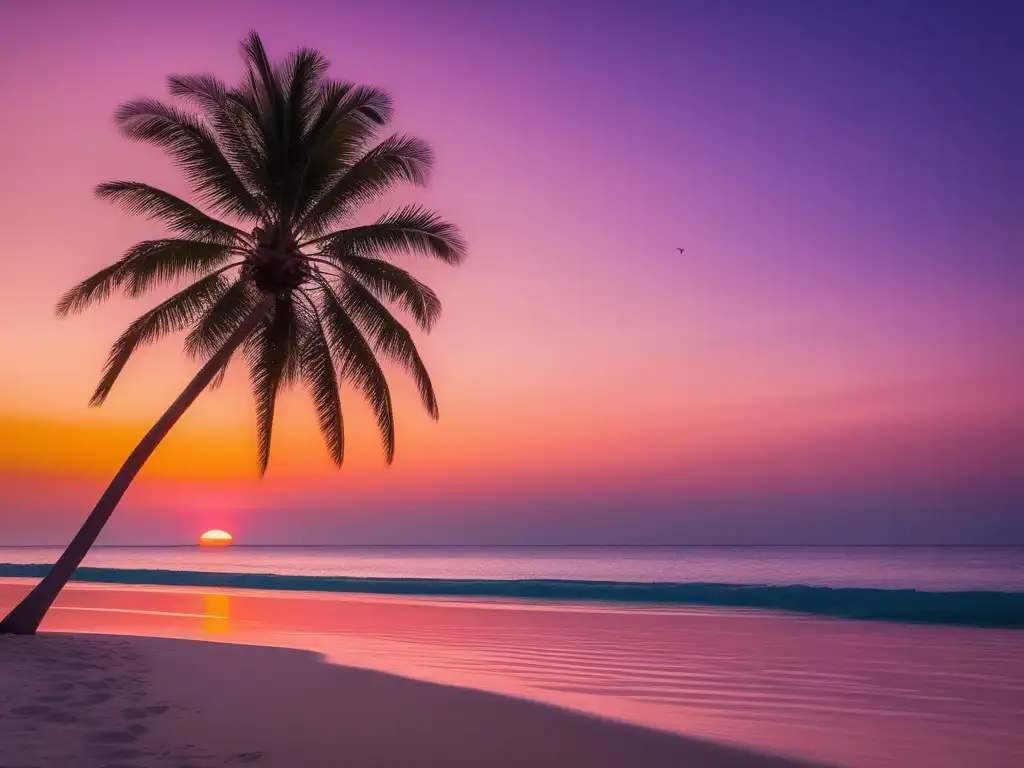 Guía manejo estrés mental: Playa serena al atardecer, arena y agua cristalina, palmera solitaria y cielo colorido