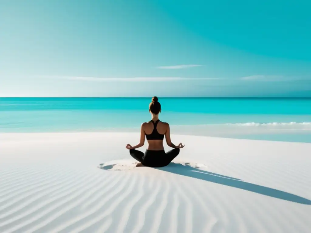 Técnicas para manejar el estrés: Escena serena en la playa, figura practicando yoga