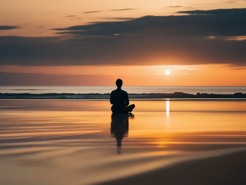 Beneficios de mindfulness en lupus: escena tranquila y minimalista con playa al atardecer, figura practicando mindfulness