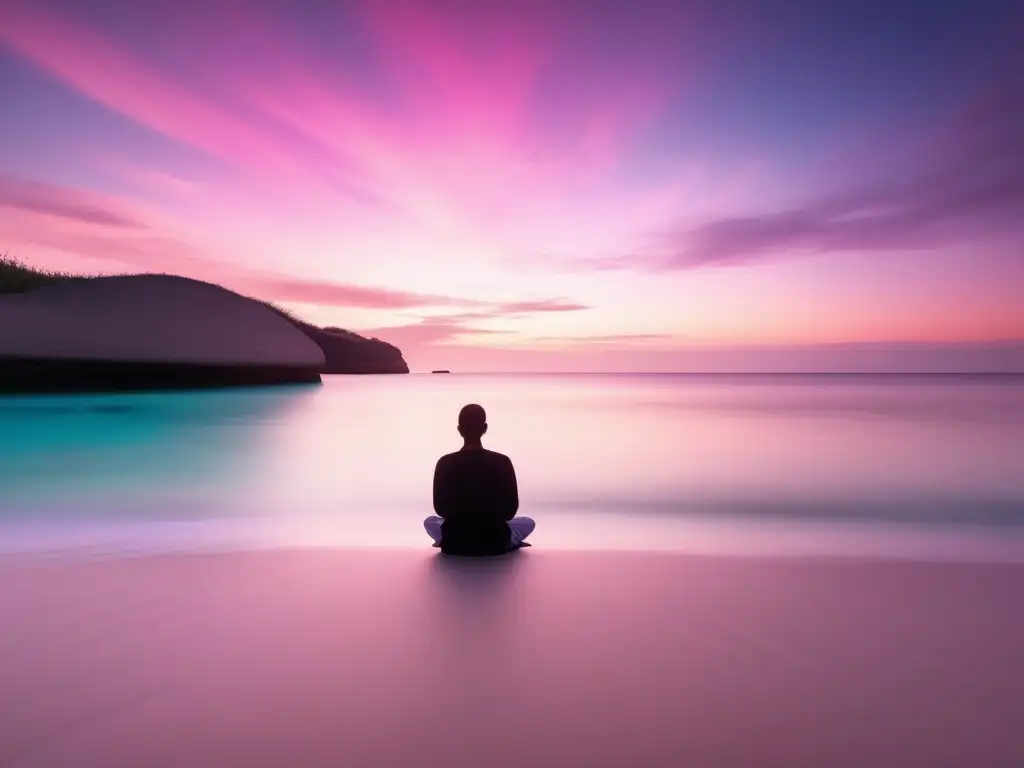 Playa solitaria con aguas turquesas y cielo rosado, persona en meditación: Transformación emocional mediante meditación