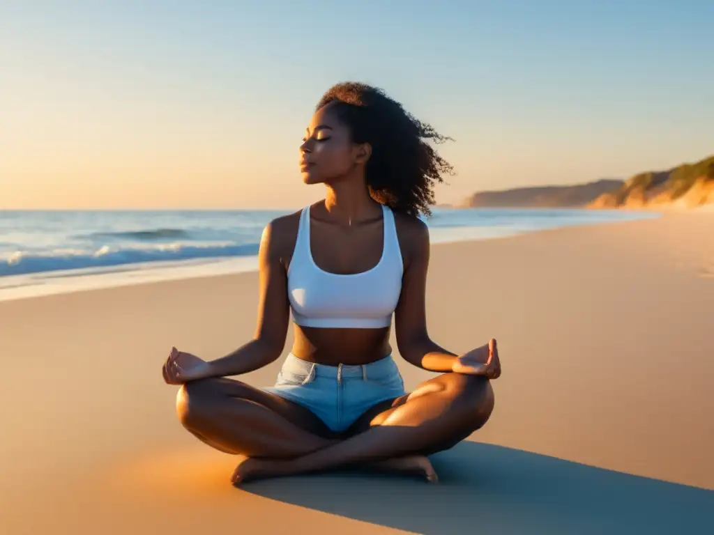 Persona meditando en playa, transmitiendo calma y autoestima con mindfulness