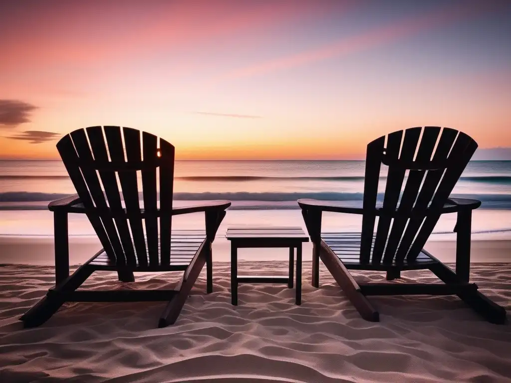 Beneficios del mindfulness en terapia de pareja en la playa al atardecer con sillas vacías