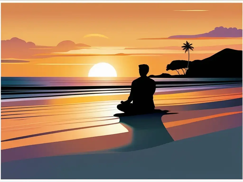 Imagen de playa solitaria al atardecer, con figura meditando