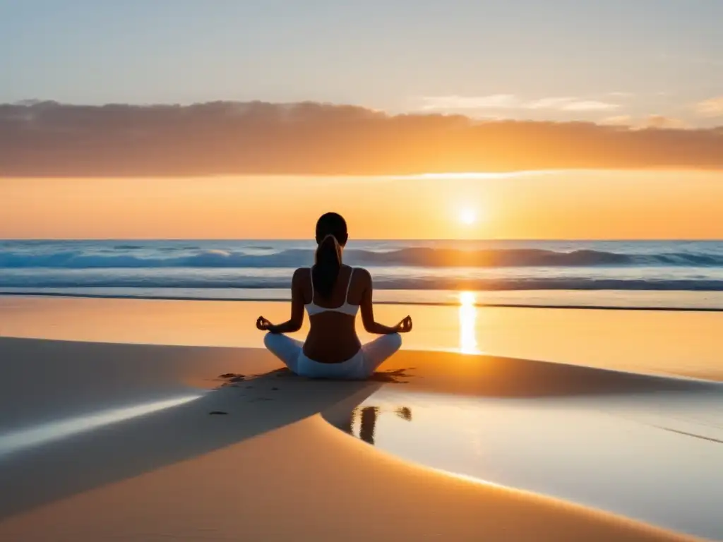 Mindfulness para trastorno de personalidad borderline: playa serena al amanecer con figura solitaria en calma