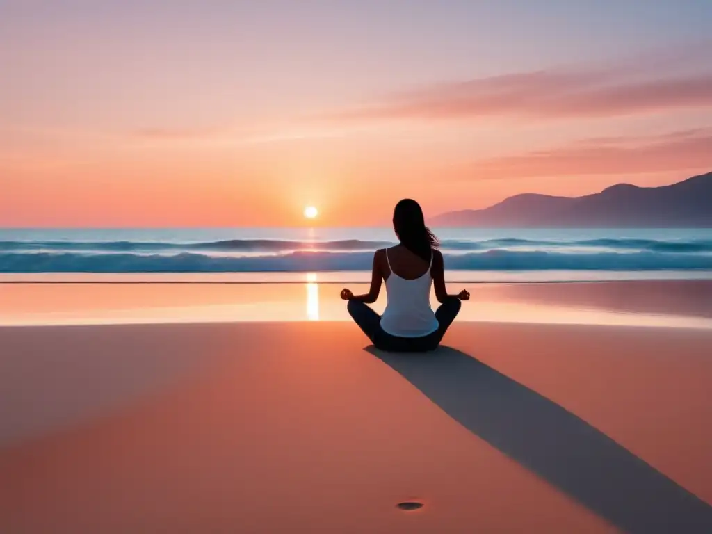 Playa tranquila al atardecer, figura en paz (Técnicas de manejo del estrés para adolescentes)