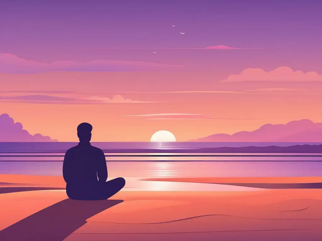 Beneficios de la Atención Plena en la salud mental: playa tranquila al atardecer con meditación