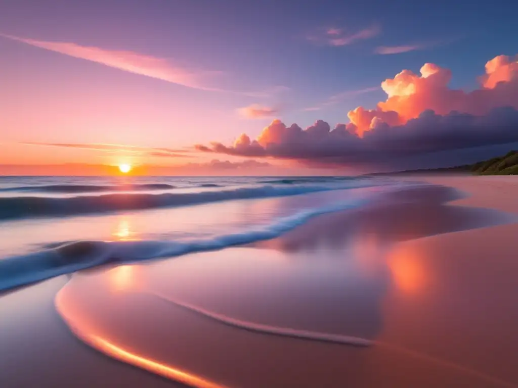 Belleza del mindfulness: playa serena, cielo rosa y naranja, mar tranquilo, figura en silueta