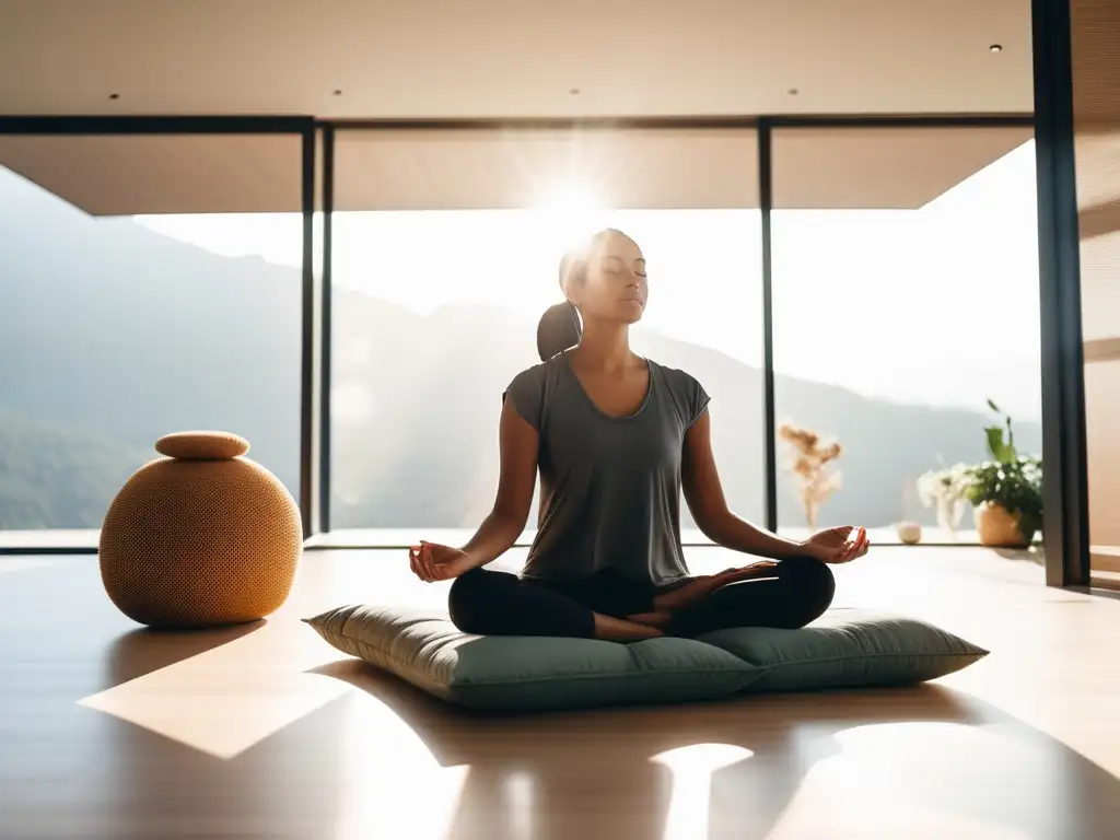 Persona serena practicando mindfulness con elementos simbólicos en una habitación luminosa y relajante