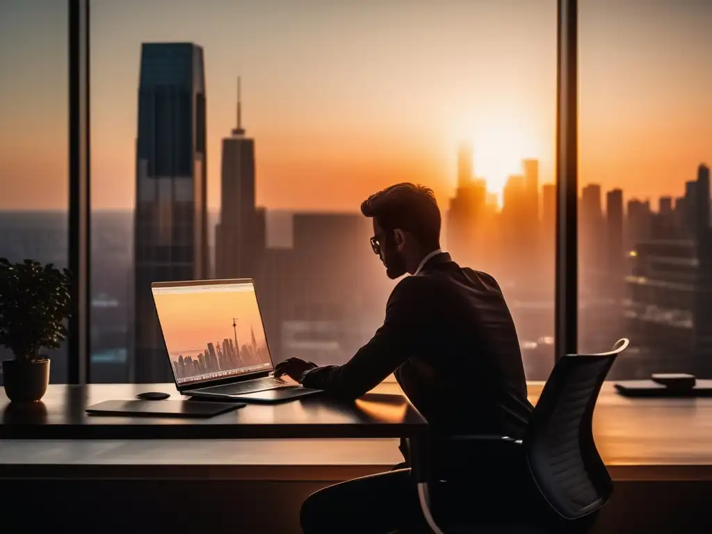 Persona enfocada en la oficina con vista a la ciudad al atardecer