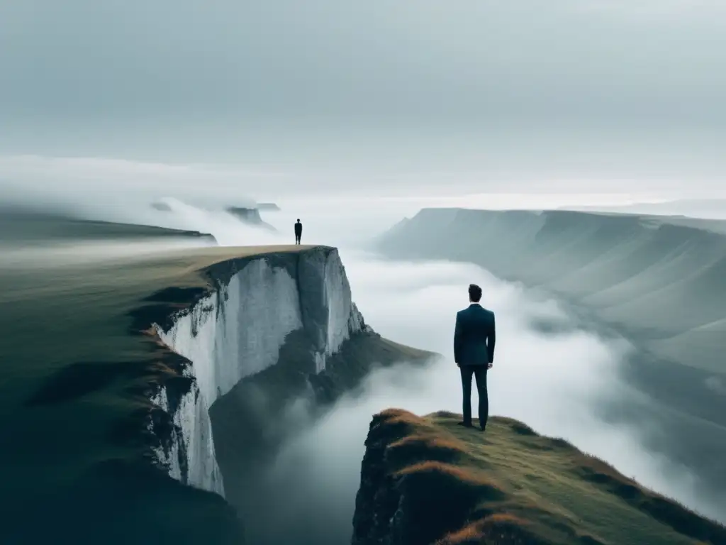 Persona en un acantilado, mirando un paisaje cubierto de niebla