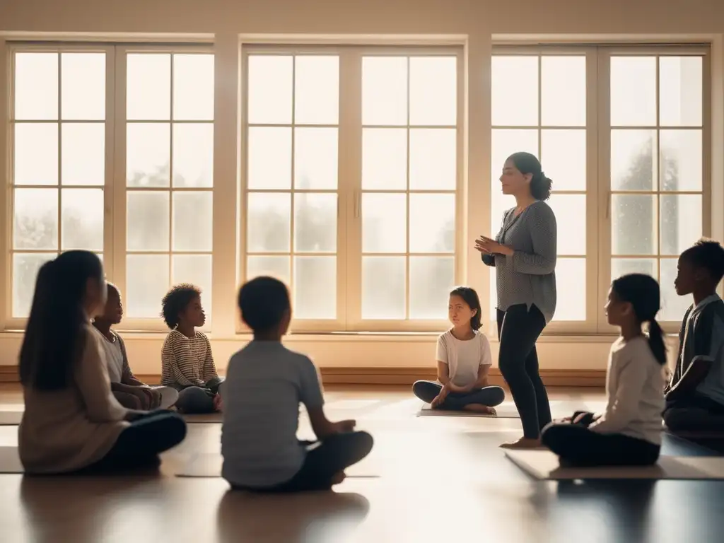 Importancia formación Mindfulness profesores en un aula tranquila con estudiantes practicando