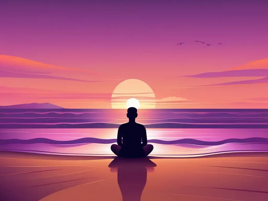 Playa tranquila al atardecer, figura meditando: Toma de decisiones con mindfulness