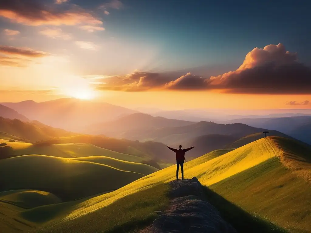 Guía para descubrir propósito vida - Persona en la cima de una montaña, brazos abiertos, paisaje sereno, atardecer vibrante