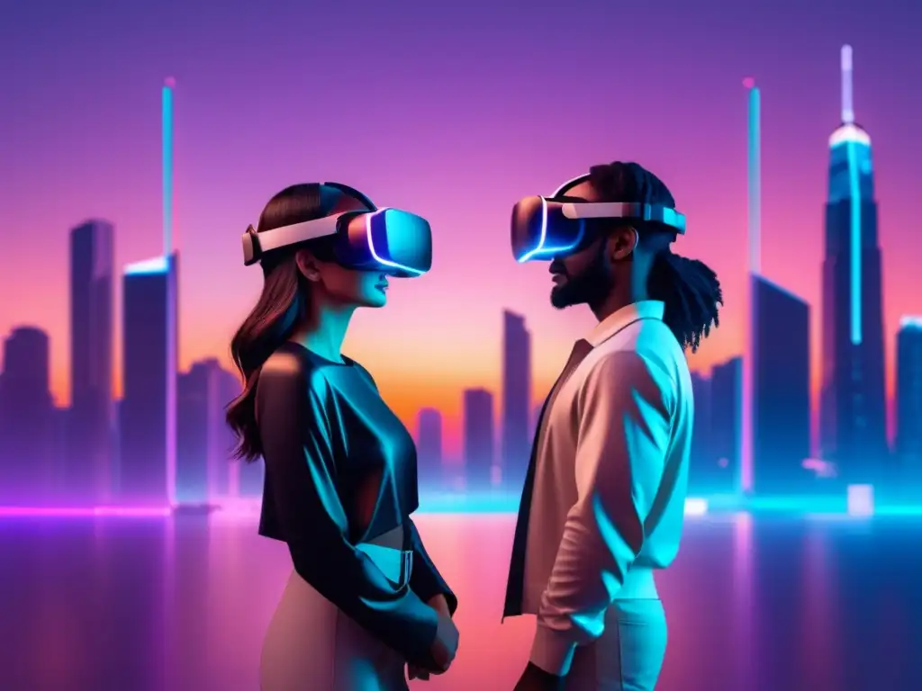 Beneficios de la realidad virtual en relaciones a distancia: Pareja en mundo VR, ciudad futurista y playa serena