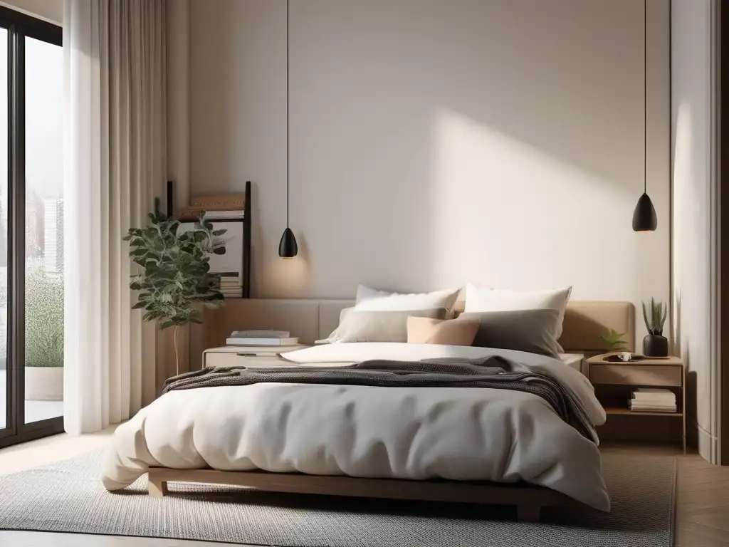 Serene bedroom with neutral colors, organized and clutter-free