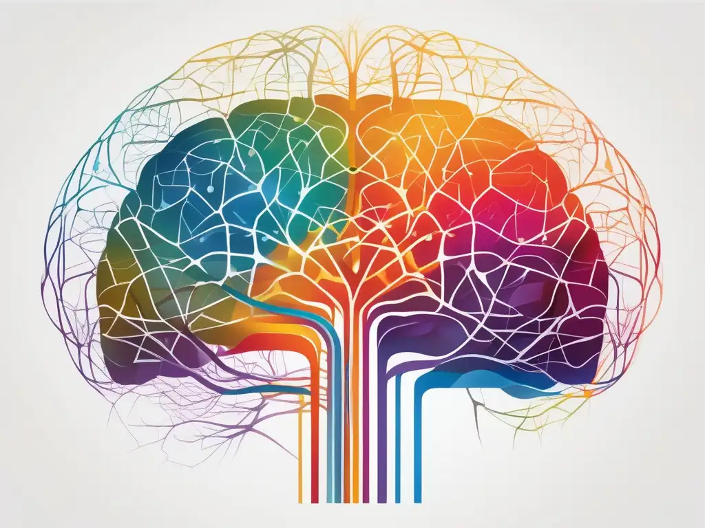 Neurociencia y bienestar mental: Mente enredada en colorida red neural, simbolizando intrincados mecanismos cerebrales y gestión del estrés