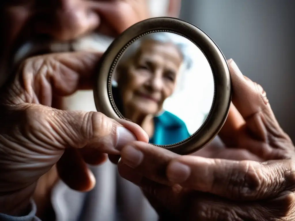 Manos de una persona mayor sosteniendo un espejo, reflejando su rostro envejecido