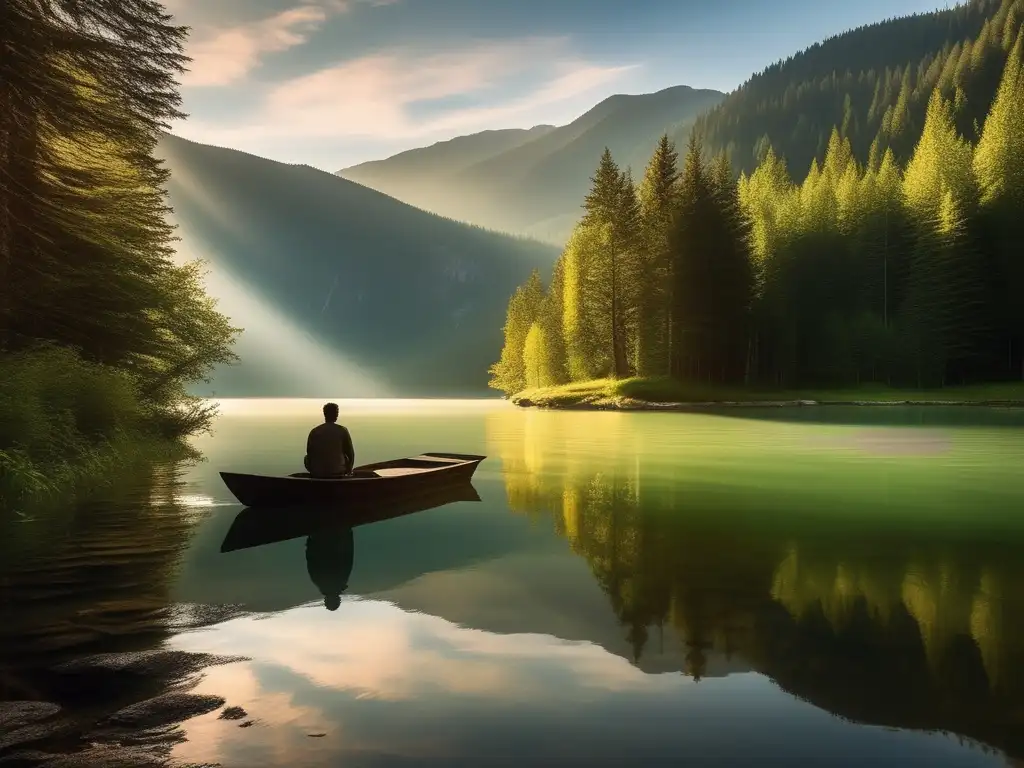 Persona en lago rodeado de montañas verdes, símbolo de crecimiento personal y transformación