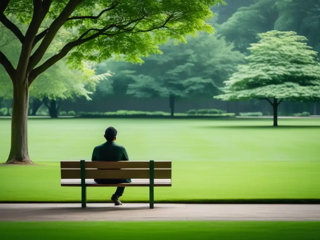 Persona reflexiva en un parque, rodeada de naturaleza, simbolizando la terapia psicodinámica