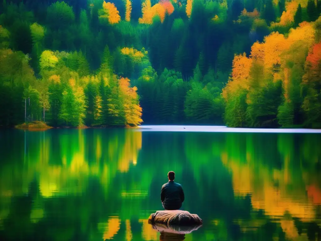 Persona en lago sereno rodeado de naturaleza, simbolizando introspección y calma