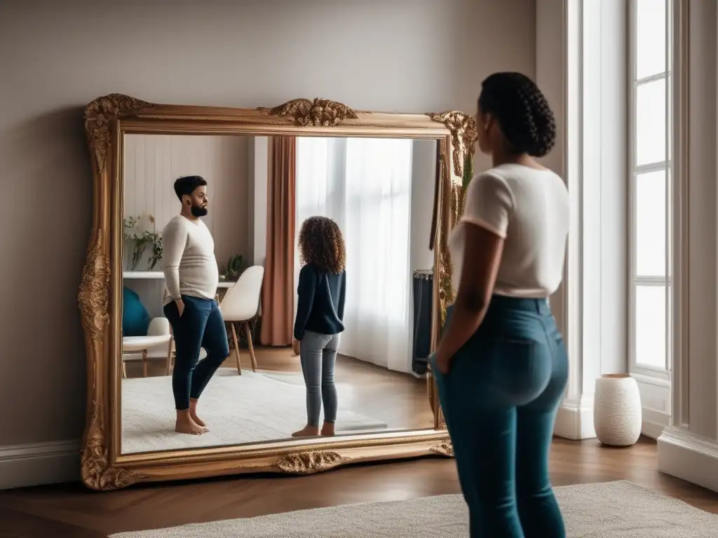 Imagen de persona frente a espejo, reflejando ambiente familiar en autoestima