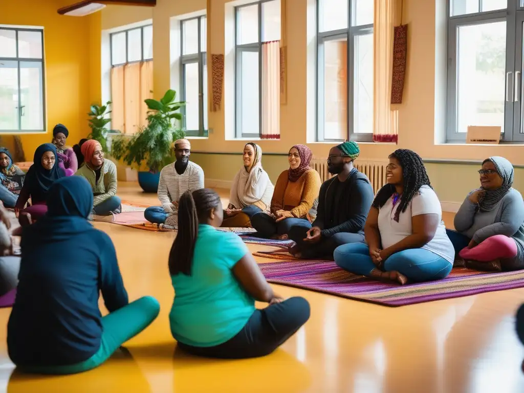 Grupo de refugiados en centro comunitario promoviendo salud mental y bienestar